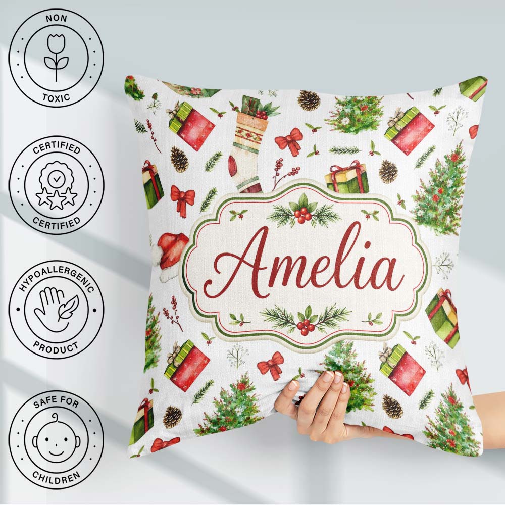 Custom Name Christmas Gifts Bow Festive Holiday Seamless Pattern Square Filled Cushion Throw Pillow Sofa Bed Home Decor Zip Washable UK Made