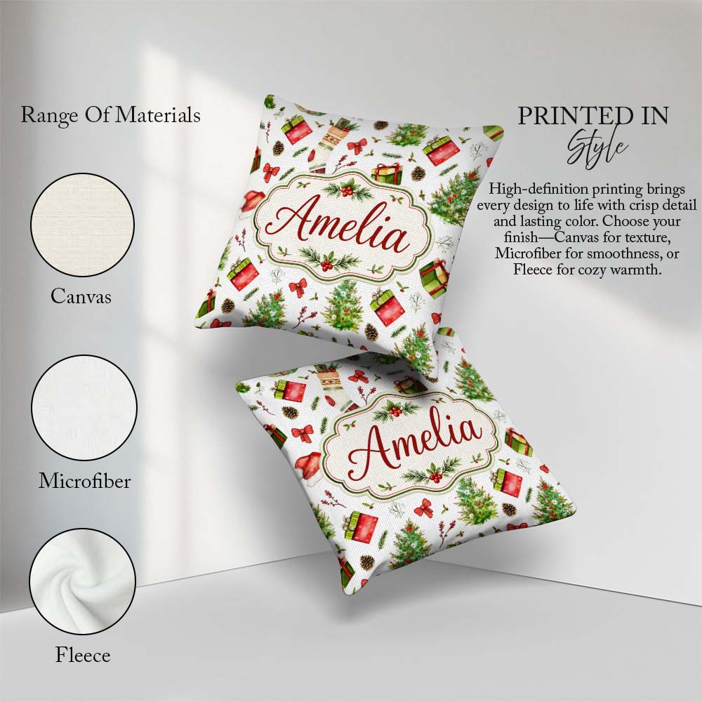 Custom Name Christmas Gifts Bow Festive Holiday Seamless Pattern Square Filled Cushion Throw Pillow Sofa Bed Home Decor Zip Washable UK Made