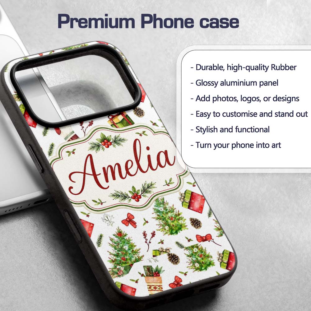 Christmas Gifts Tree Bow Festive Holiday Seamless Custom Name Protective Phone Case Mobile Cover Durable Everyday Smartphone Shock Resistant