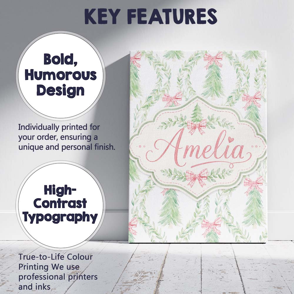 Personalised Name Pastel Green Wreath Custom Modern Room Accent Creative Decorator Style Canvas Wall Art Print Decor Picture Ready to Hang