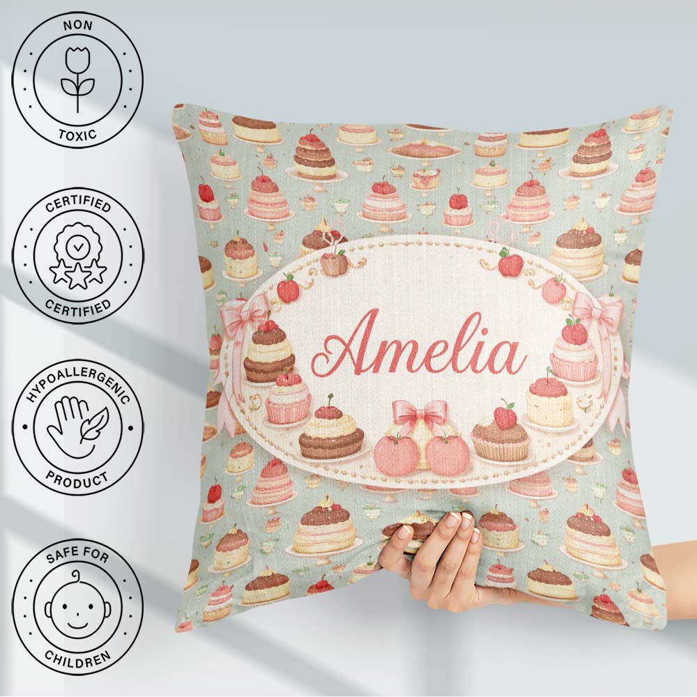 Custom Name Pastel Cake Slice Seamless Pattern Sweet Food Design Square Filled Cushion Throw Pillow Sofa Bed Home Decor Zip Washable UK Made