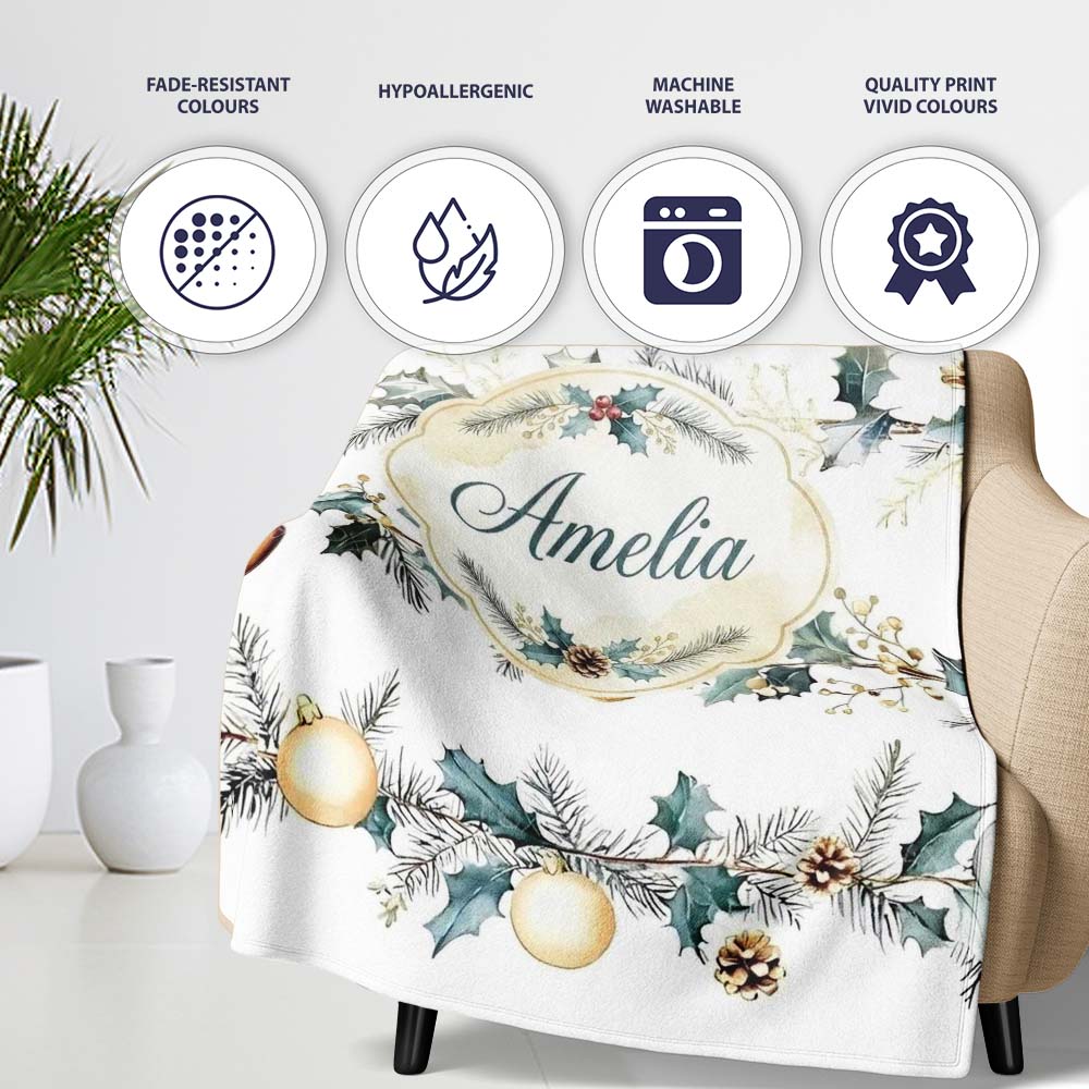 Elegant Christmas Garland Baubles Pine Branch Seamless Pattern  Personalised Custom Name Super Soft Fleece Blanket Bed Sofa Throw