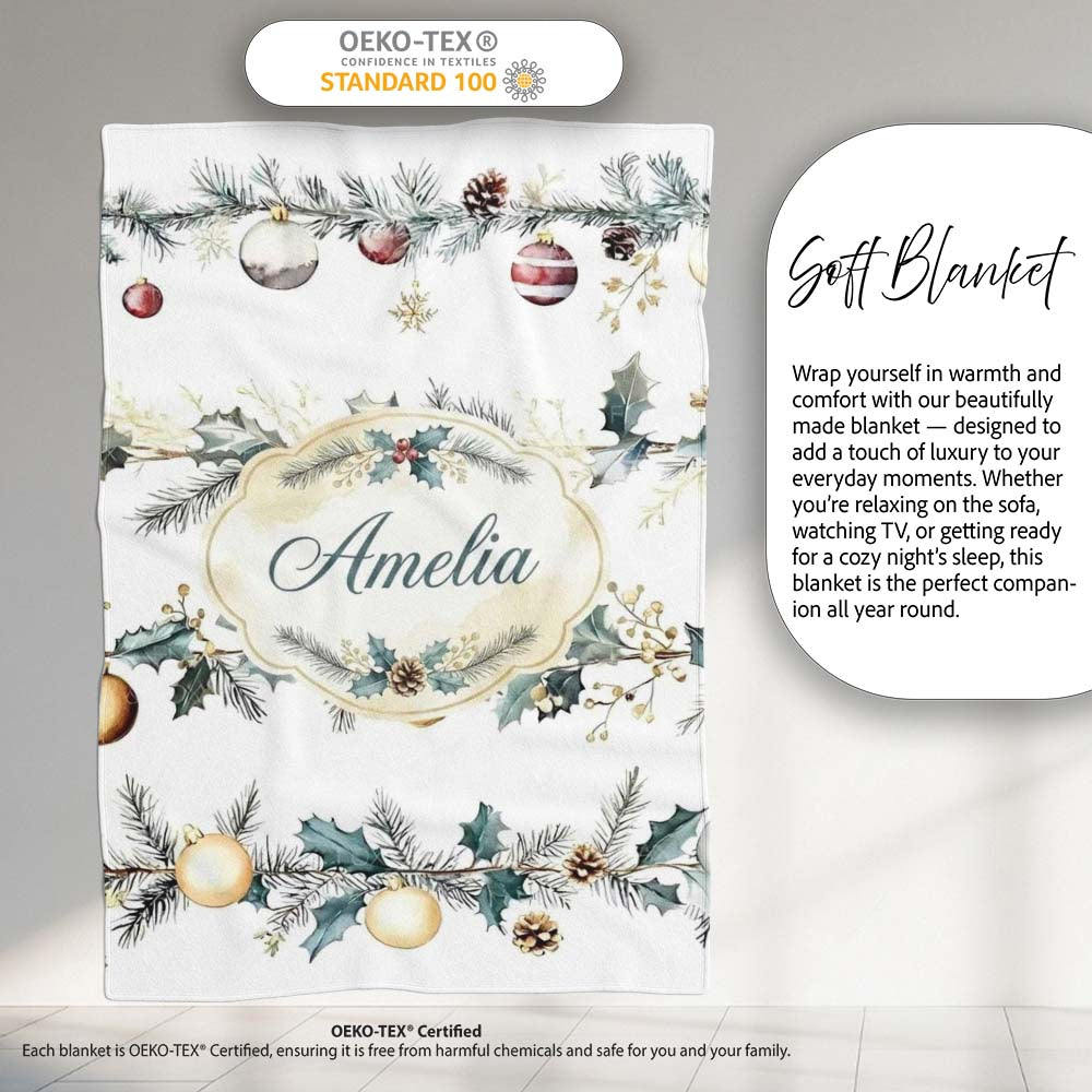 Elegant Christmas Garland Baubles Pine Branch Seamless Pattern  Personalised Custom Name Super Soft Fleece Blanket Bed Sofa Throw
