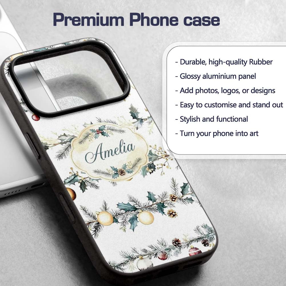 Elegant Christmas Garland Baubles Pine Branch Custom Name Protective Phone Case Mobile Cover Durable Everyday Smartphone Shock Resistant