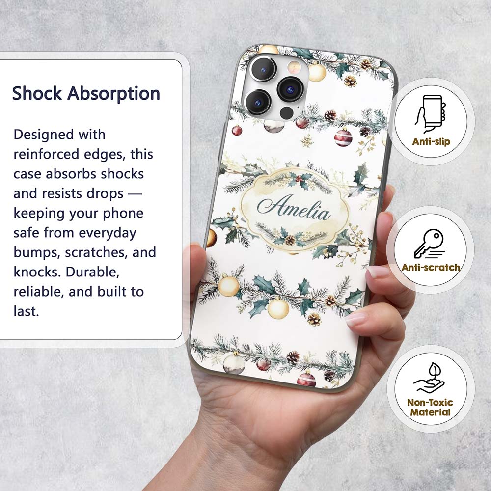 Elegant Christmas Garland Baubles Pine Branch Custom Name Protective Phone Case Mobile Cover Durable Everyday Smartphone Shock Resistant