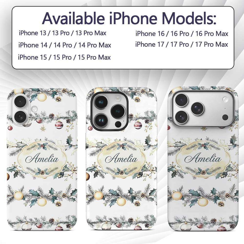 Elegant Christmas Garland Baubles Pine Branch Custom Name Protective Phone Case Mobile Cover Durable Everyday Smartphone Shock Resistant