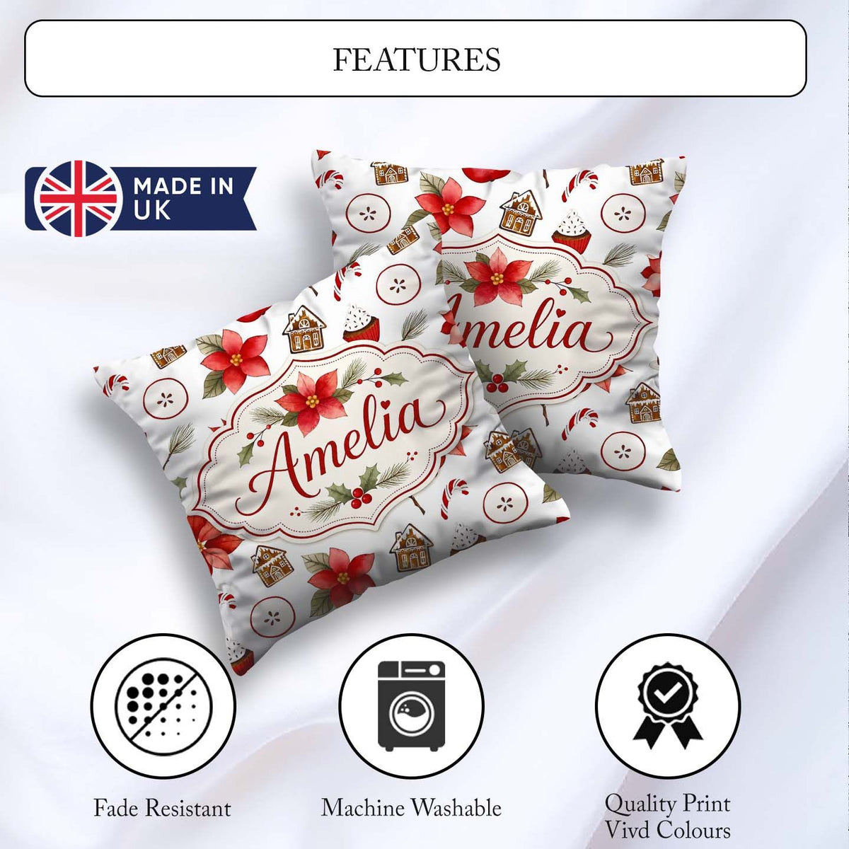 Custom Name Poinsettia Flower Pomegranate Holiday Treats Pattern Square Filled Cushion Throw Pillow Sofa Bed Home Decor Zip Washable UK Made