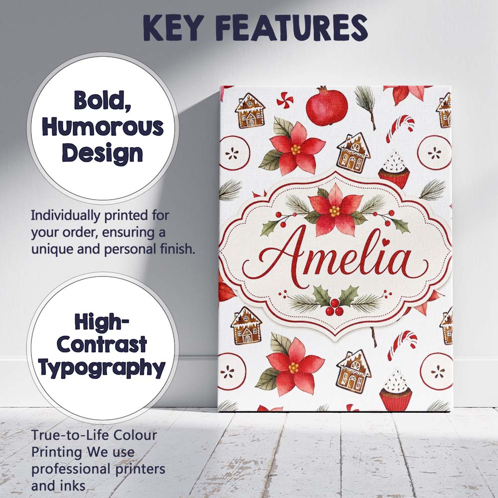 Personalised Name Poinsettia Flower Pomegranate Holiday Treats Premium Decorative Design Canvas Wall Art Print Decor Picture Ready to Hang