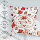 Custom Name Poinsettia Flower Pomegranate Holiday Treats Pattern Square Filled Cushion Throw Pillow Sofa Bed Home Decor Zip Washable UK Made