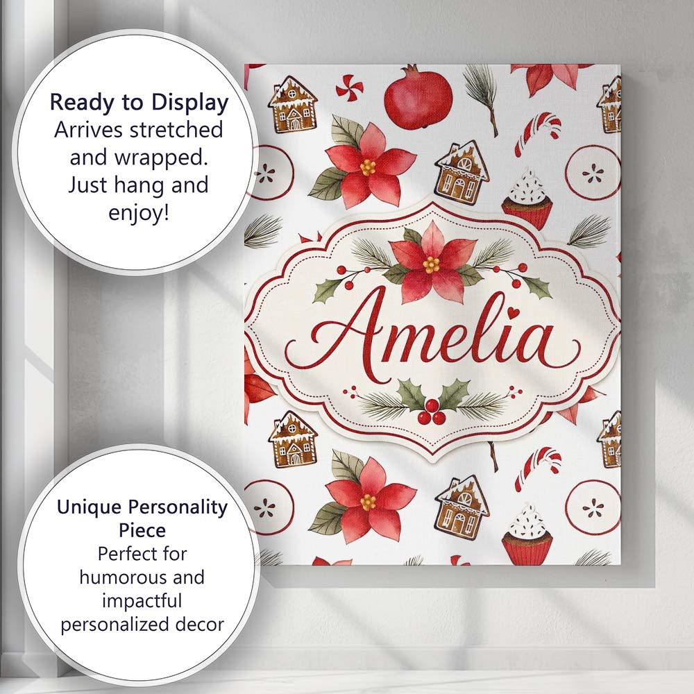 Personalised Name Poinsettia Flower Pomegranate Holiday Treats Premium Decorative Design Canvas Wall Art Print Decor Picture Ready to Hang