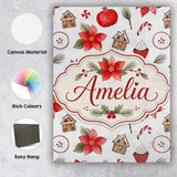 Personalised Name Poinsettia Flower Pomegranate Holiday Treats Premium Decorative Design Canvas Wall Art Print Decor Picture Ready to Hang