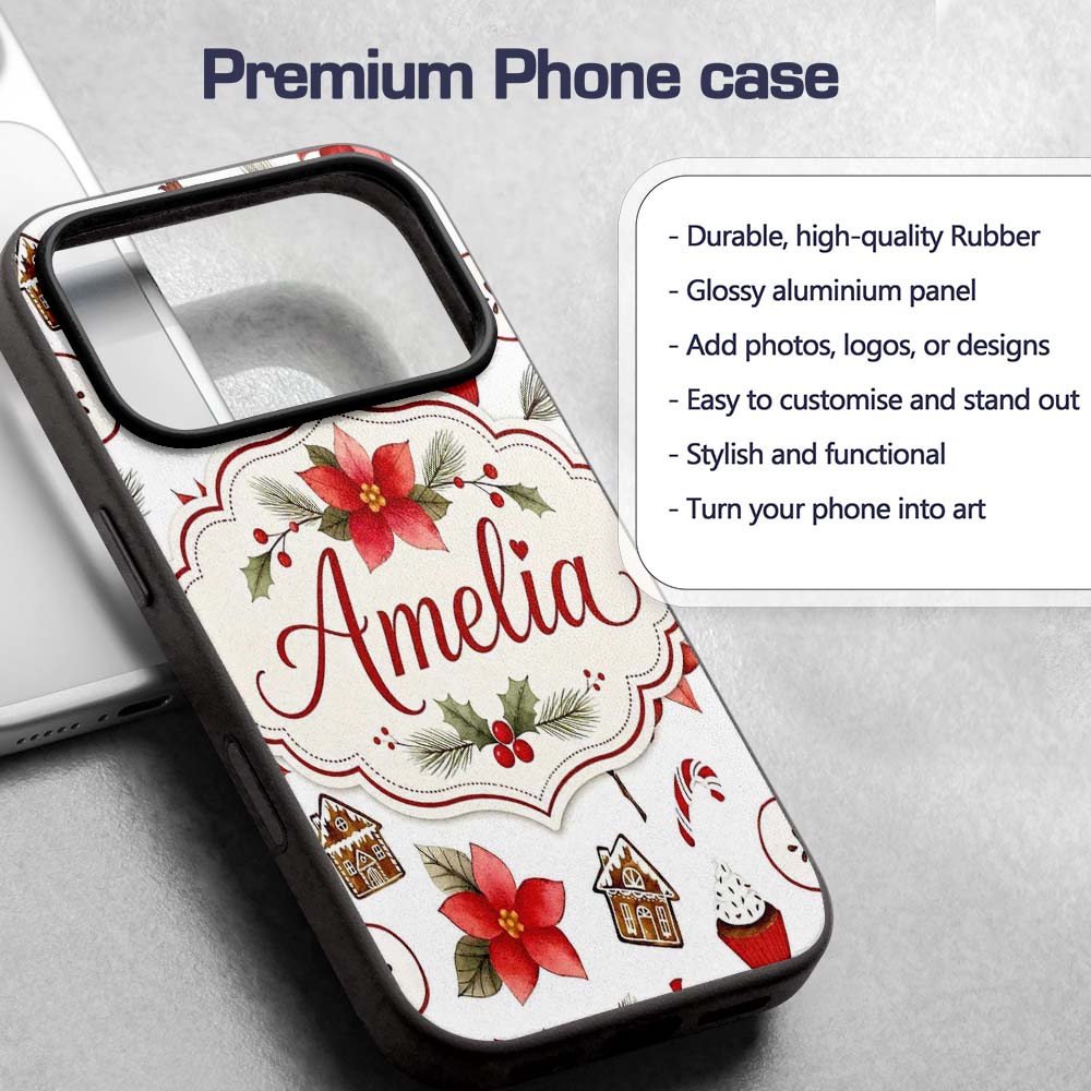 Poinsettia Flower Pomegranate Holiday Treats Custom Name Protective Phone Case Mobile Cover Durable Everyday Smartphone Shock Resistant