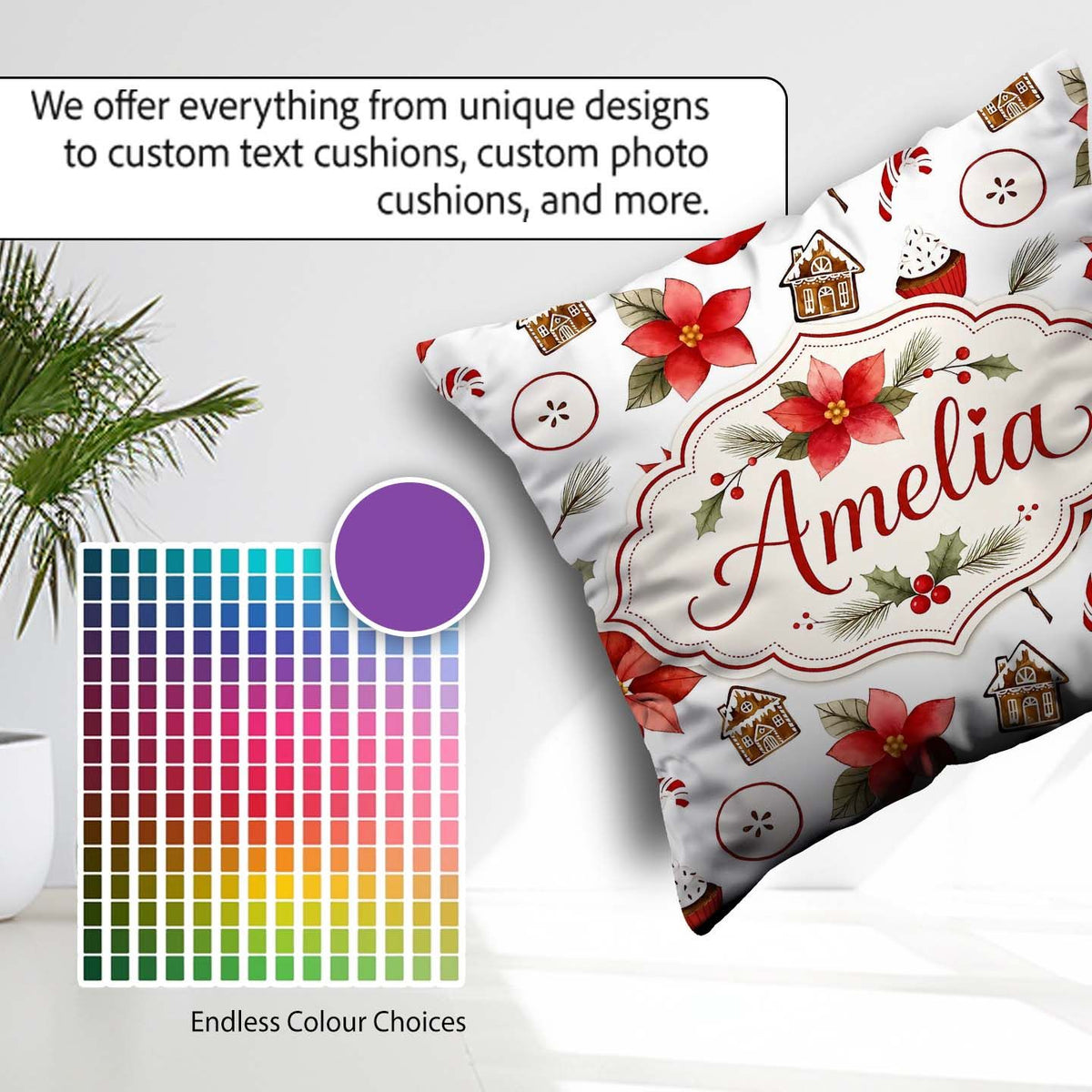Custom Name Poinsettia Flower Pomegranate Holiday Treats Pattern Square Filled Cushion Throw Pillow Sofa Bed Home Decor Zip Washable UK Made