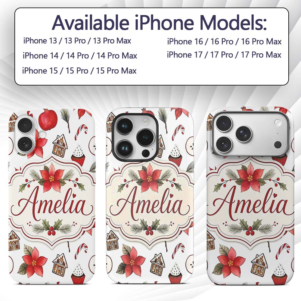Poinsettia Flower Pomegranate Holiday Treats Custom Name Protective Phone Case Mobile Cover Durable Everyday Smartphone Shock Resistant