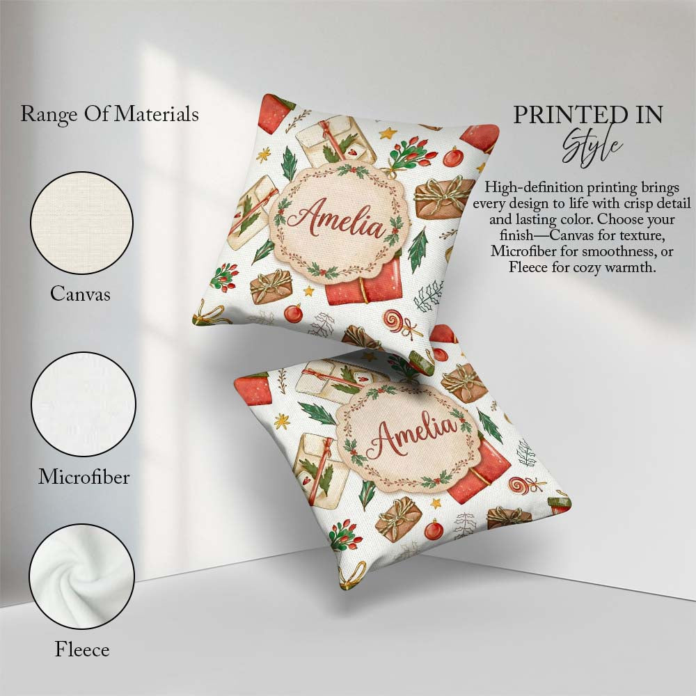 Custom Name Festive Boxes Candy Stars Christmas Holiday Seamless Square Filled Cushion Throw Pillow Sofa Bed Home Decor Zip Washable UK Made