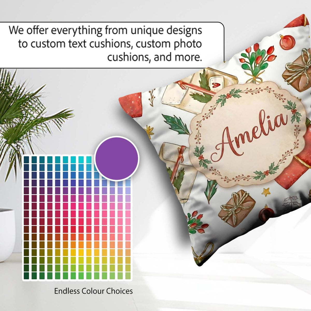 Custom Name Festive Boxes Candy Stars Christmas Holiday Seamless Square Filled Cushion Throw Pillow Sofa Bed Home Decor Zip Washable UK Made
