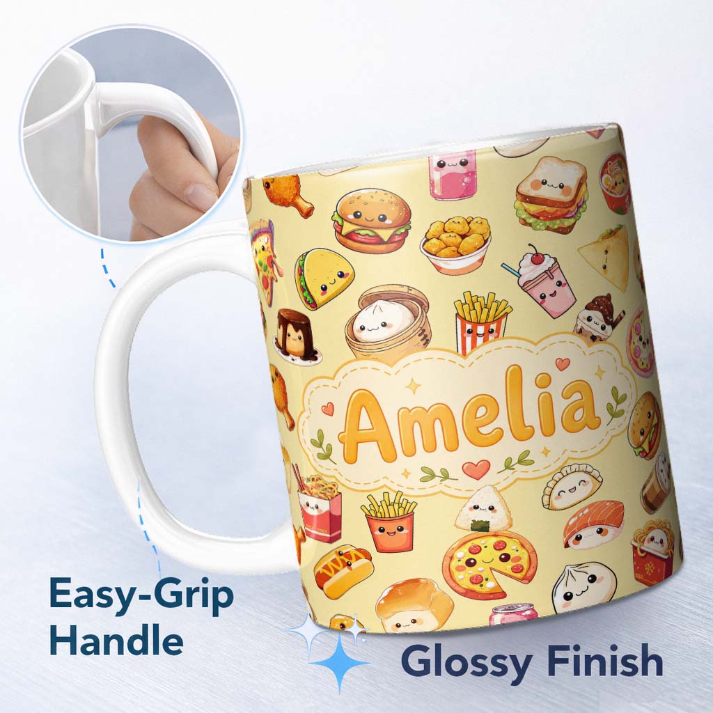 Personalized Custom Name Kawaii Fast Food Burger Sushi Taco Pizza Beige Seamless Pattern 11oz Ceramic Coffee Tea Mug White Large Handle