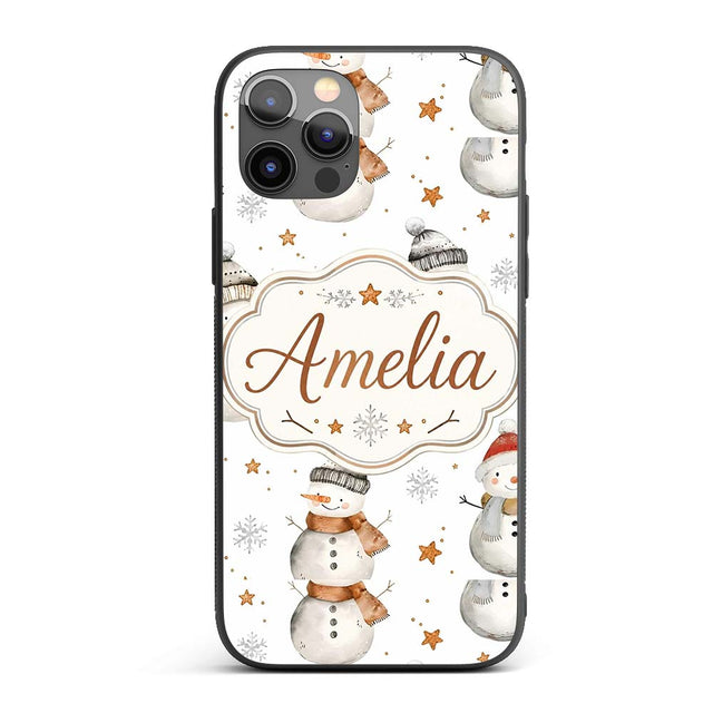 Cute Winter Snowman with Scarf Hat Stars Seamless Custom Name Protective Phone Case Mobile Cover Durable Everyday Smartphone Shock Resistant