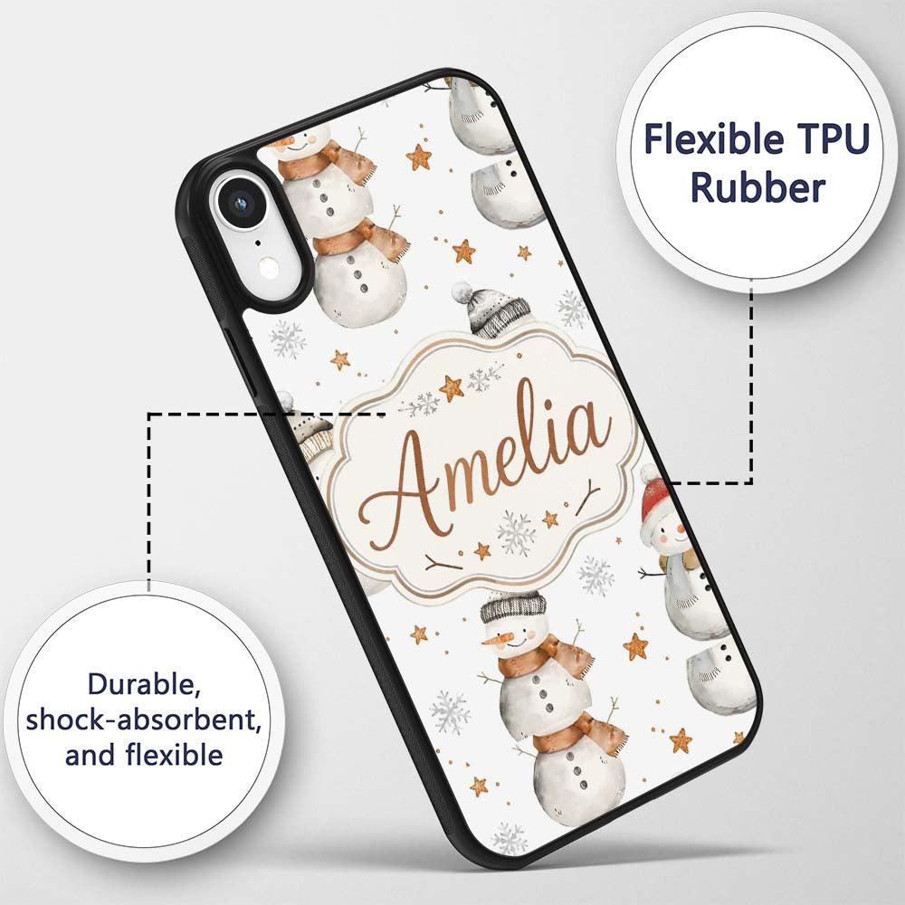 Cute Winter Snowman with Scarf Hat Stars Seamless Custom Name Protective Phone Case Mobile Cover Durable Everyday Smartphone Shock Resistant