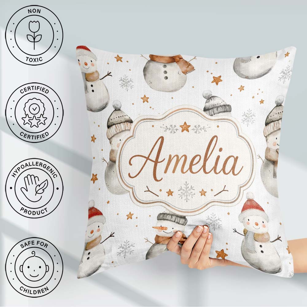 Custom Name Winter Snowman with Scarf Hat Stars Seamless Pattern Square Filled Cushion Throw Pillow Sofa Bed Home Decor Zip Washable UK Made