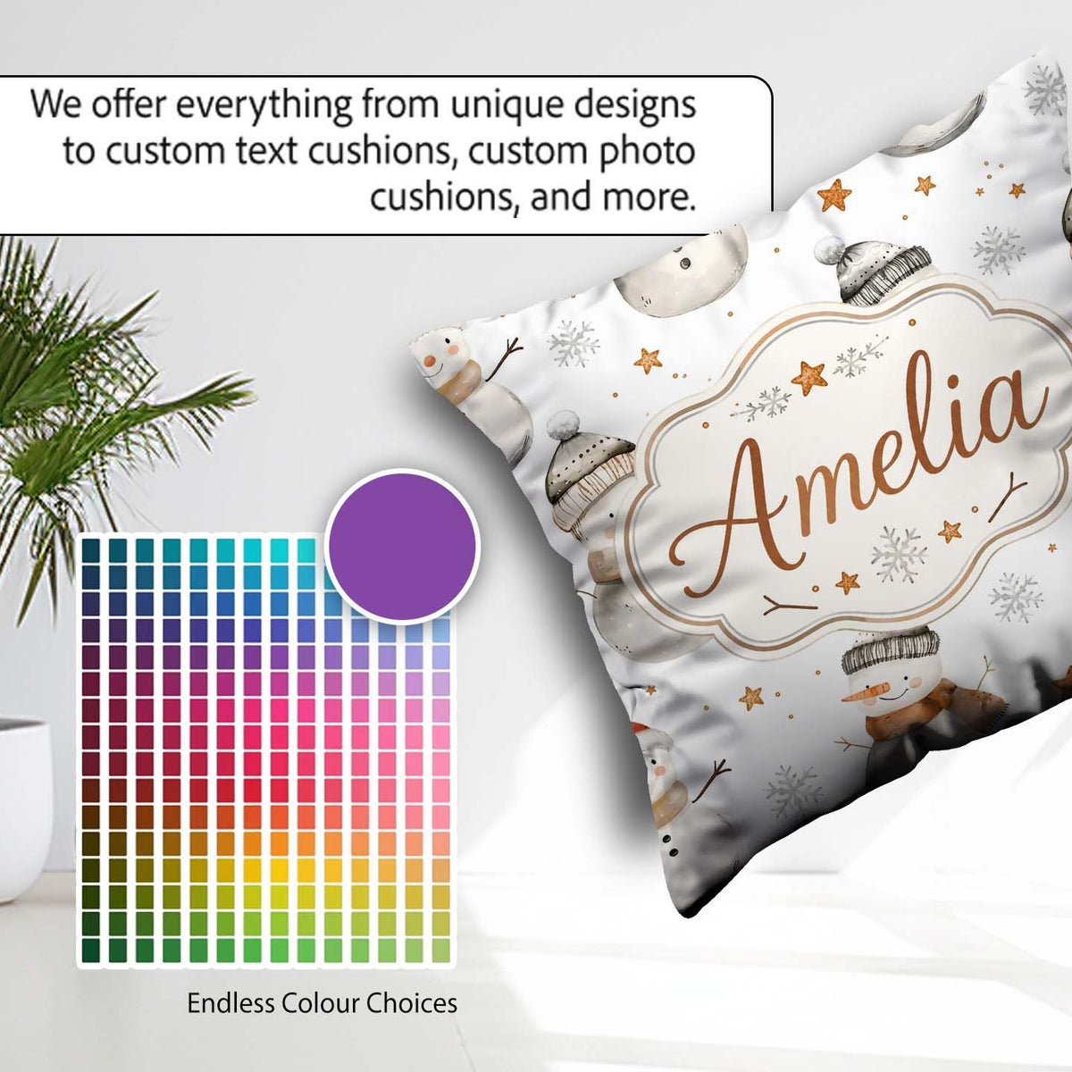 Custom Name Winter Snowman with Scarf Hat Stars Seamless Pattern Square Filled Cushion Throw Pillow Sofa Bed Home Decor Zip Washable UK Made