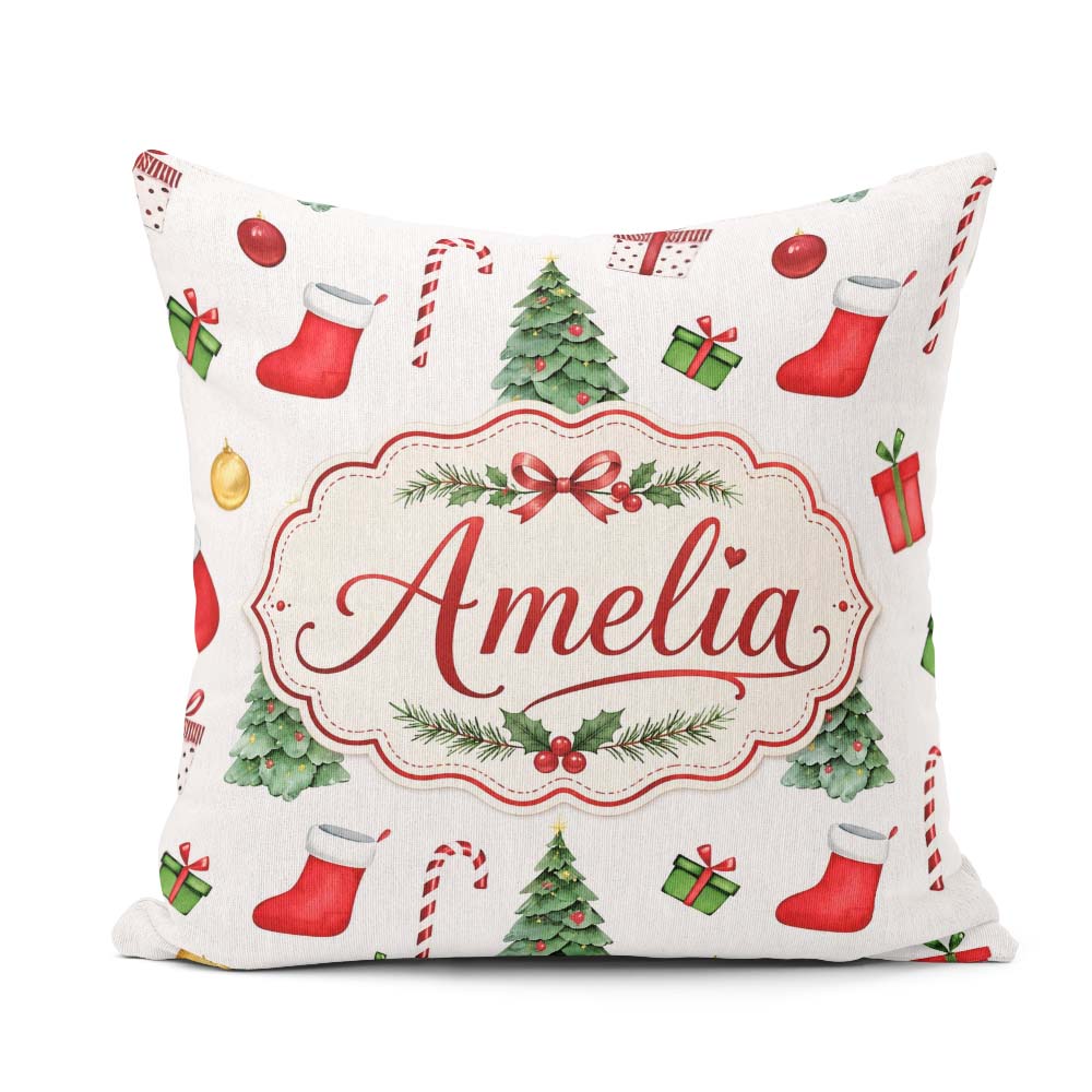 Custom Name Christmas Tree Gifts Cane Stockings Seamless Pattern Square Filled Cushion Throw Pillow Sofa Bed Home Decor Zip Washable UK Made