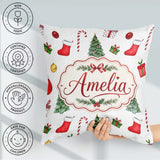 Custom Name Christmas Tree Gifts Cane Stockings Seamless Pattern Square Filled Cushion Throw Pillow Sofa Bed Home Decor Zip Washable UK Made