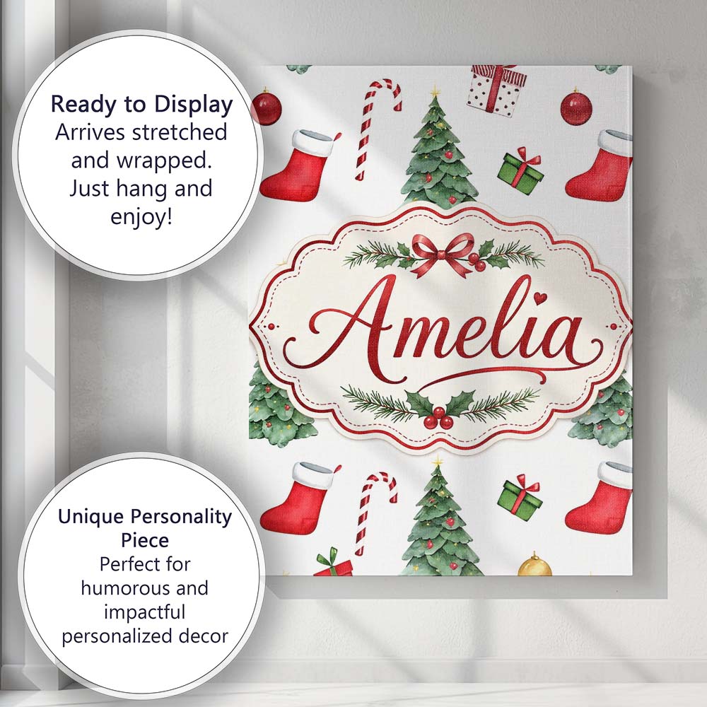 Personalised Name Christmas Tree Gifts Custom  Modern Room Accent Elegant Feature Canvas Wall Art Print Decor Picture Ready to Hang