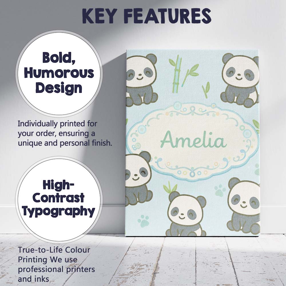 Personalised Name Cute Panda Bamboo Cartoon Animal Pattern Stylish Custom  Unique Canvas Wall Art Print Decor Picture Ready to Hang
