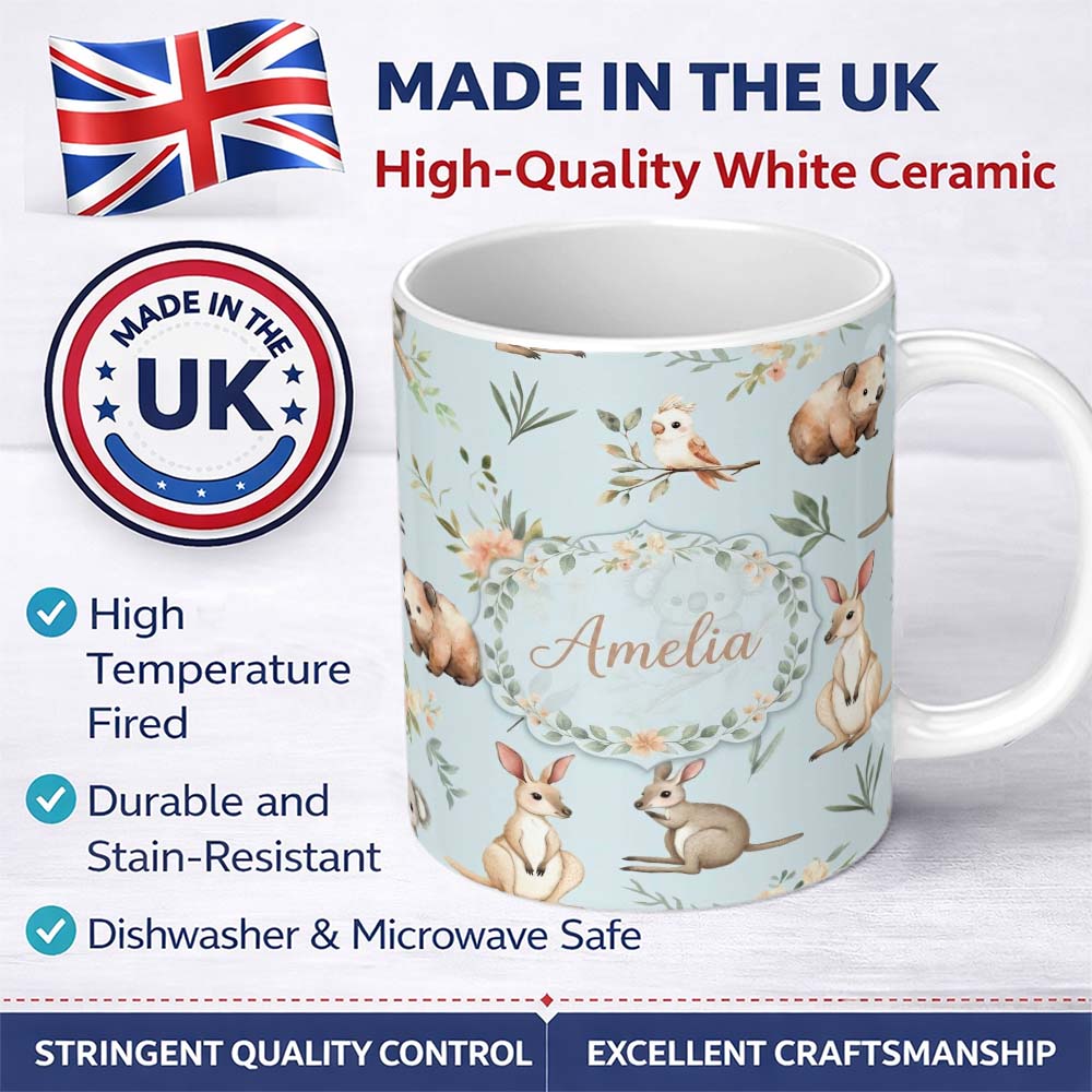 Personalized Custom Name Woodland Animals Koala Kangaroo Bear Floral Dusty Blue Seamless 11oz Ceramic Coffee Tea Mug White Large Handle