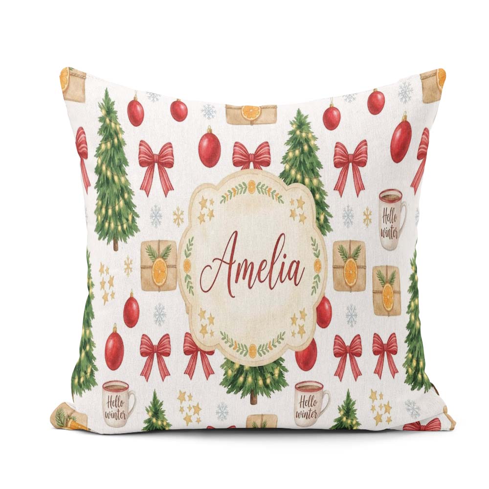 Custom Name Festive Winter Baubles Ribbon Cocoa Seamless Pattern Square Filled Cushion Throw Pillow Sofa Bed Home Decor Zip Washable UK Made