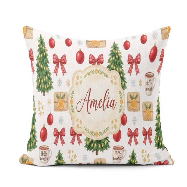 Custom Name Festive Winter Baubles Ribbon Cocoa Seamless Pattern Square Filled Cushion Throw Pillow Sofa Bed Home Decor Zip Washable UK Made