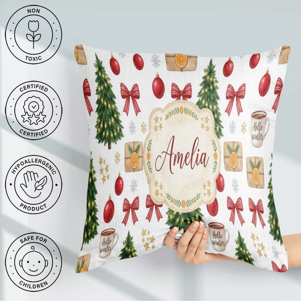 Custom Name Festive Winter Baubles Ribbon Cocoa Seamless Pattern Square Filled Cushion Throw Pillow Sofa Bed Home Decor Zip Washable UK Made