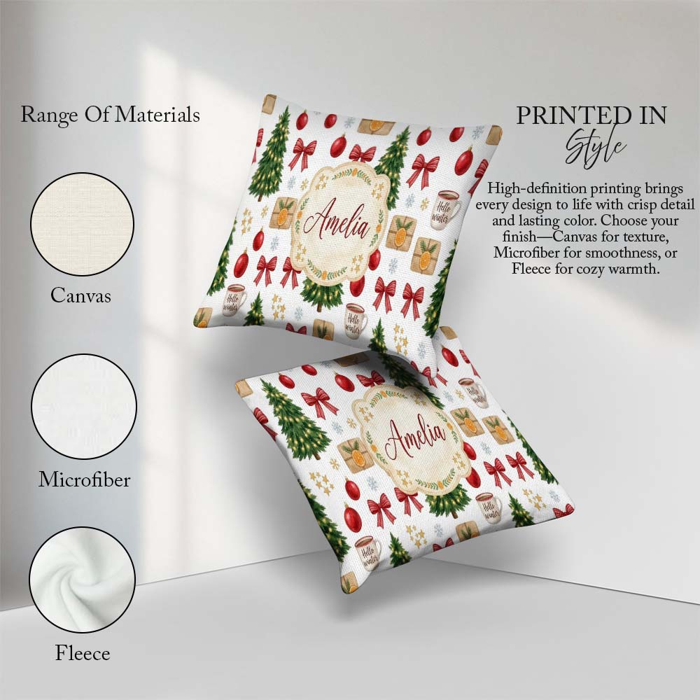 Custom Name Festive Winter Baubles Ribbon Cocoa Seamless Pattern Square Filled Cushion Throw Pillow Sofa Bed Home Decor Zip Washable UK Made