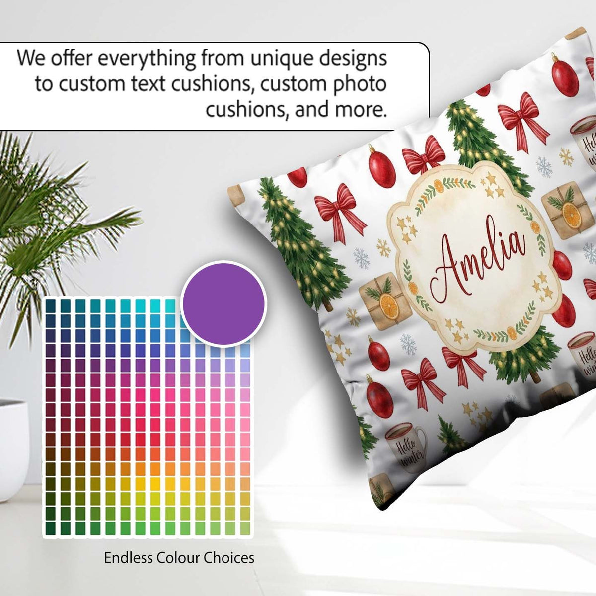 Custom Name Festive Winter Baubles Ribbon Cocoa Seamless Pattern Square Filled Cushion Throw Pillow Sofa Bed Home Decor Zip Washable UK Made