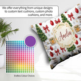 Custom Name Festive Winter Baubles Ribbon Cocoa Seamless Pattern Square Filled Cushion Throw Pillow Sofa Bed Home Decor Zip Washable UK Made