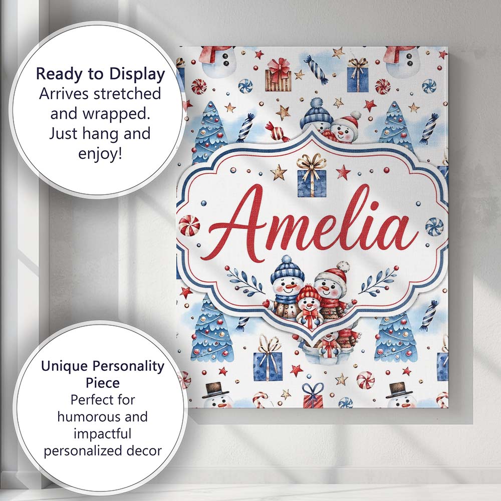 Personalised Name Cute Snowman Family Gifts Custom  Bespoke Interior Contemporary Canvas Wall Art Print Decor Picture Ready to Hang