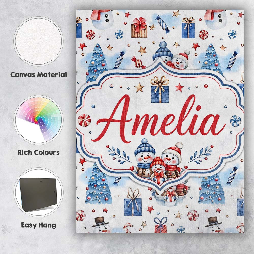 Personalised Name Cute Snowman Family Gifts Custom  Bespoke Interior Contemporary Canvas Wall Art Print Decor Picture Ready to Hang