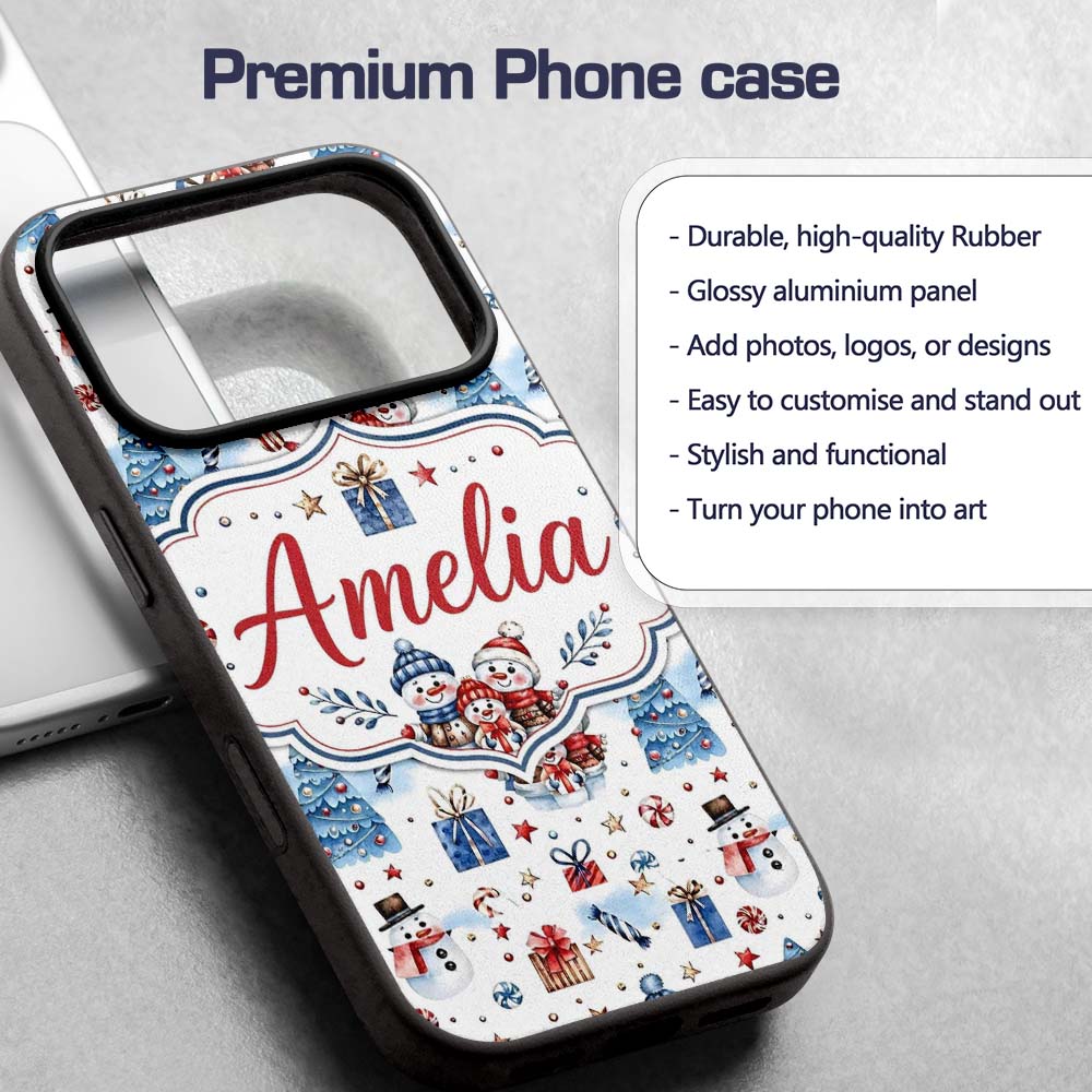 Cute Snowman Family Gifts Candy Printed Design Custom Name Protective Phone Case Mobile Cover Durable Everyday Smartphone Shock Resistant