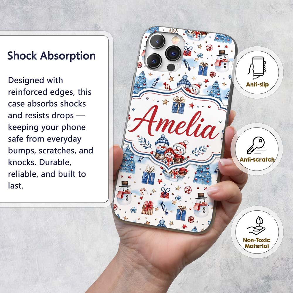 Cute Snowman Family Gifts Candy Printed Design Custom Name Protective Phone Case Mobile Cover Durable Everyday Smartphone Shock Resistant