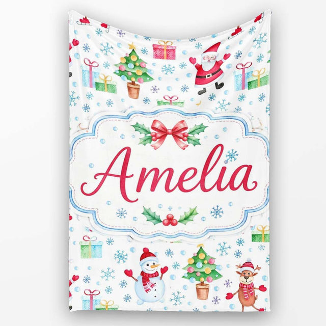 Santa Reindeer Snowman Christmas Tree Gifts Seamless Pattern Lovely  Personalised Custom Name Super Soft Fleece Blanket Bed Sofa Throw