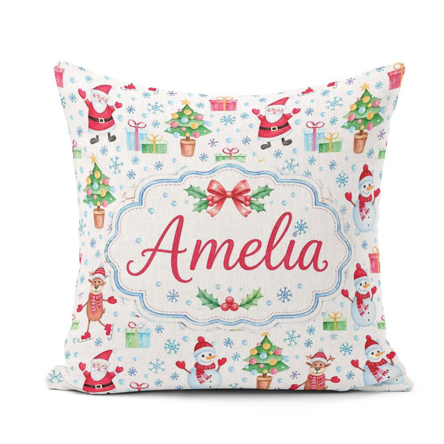 Custom Name Santa Reindeer Snowman Christmas Tree Gifts Seamless Square Filled Cushion Throw Pillow Sofa Bed Home Decor Zip Washable UK Made