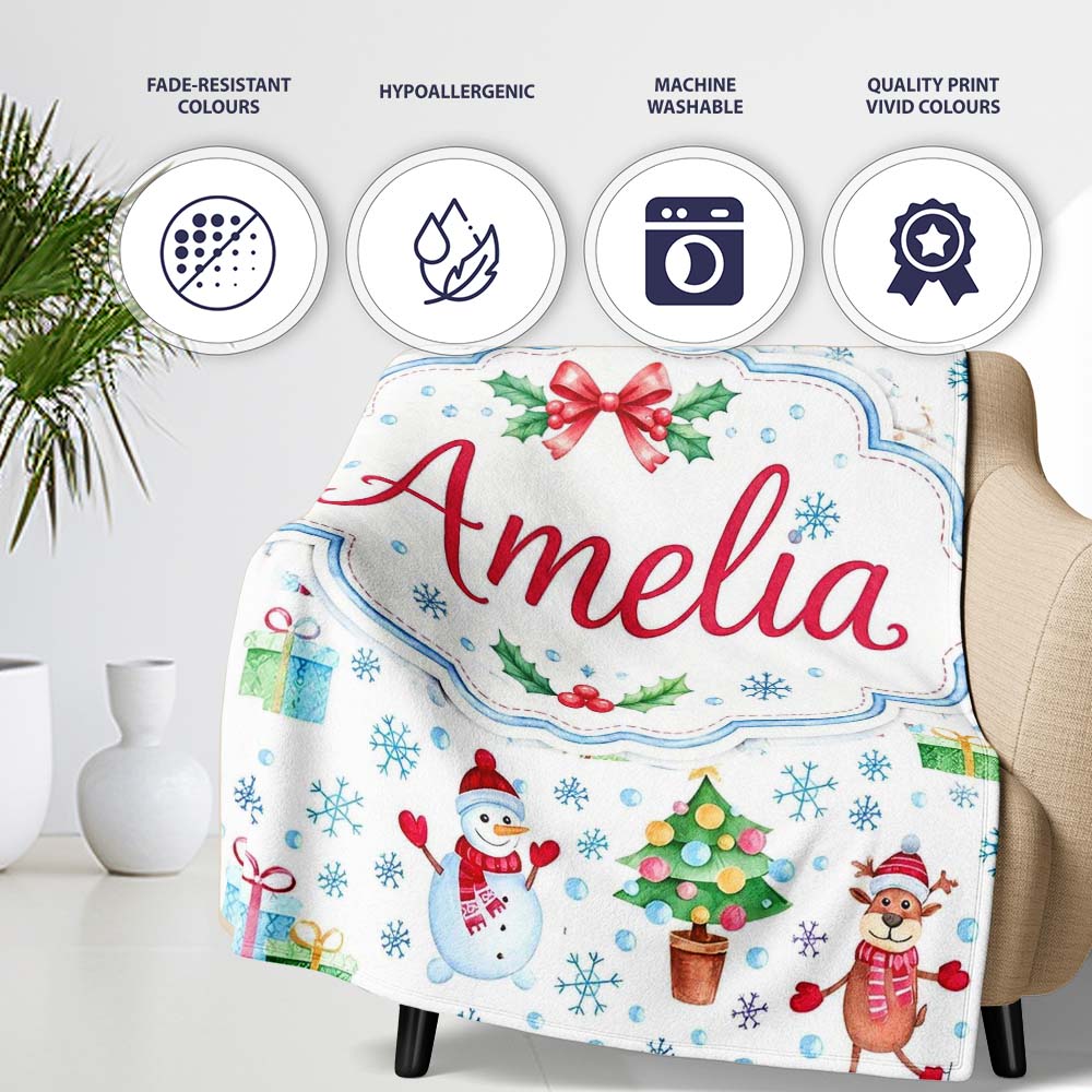 Santa Reindeer Snowman Christmas Tree Gifts Seamless Pattern Lovely  Personalised Custom Name Super Soft Fleece Blanket Bed Sofa Throw