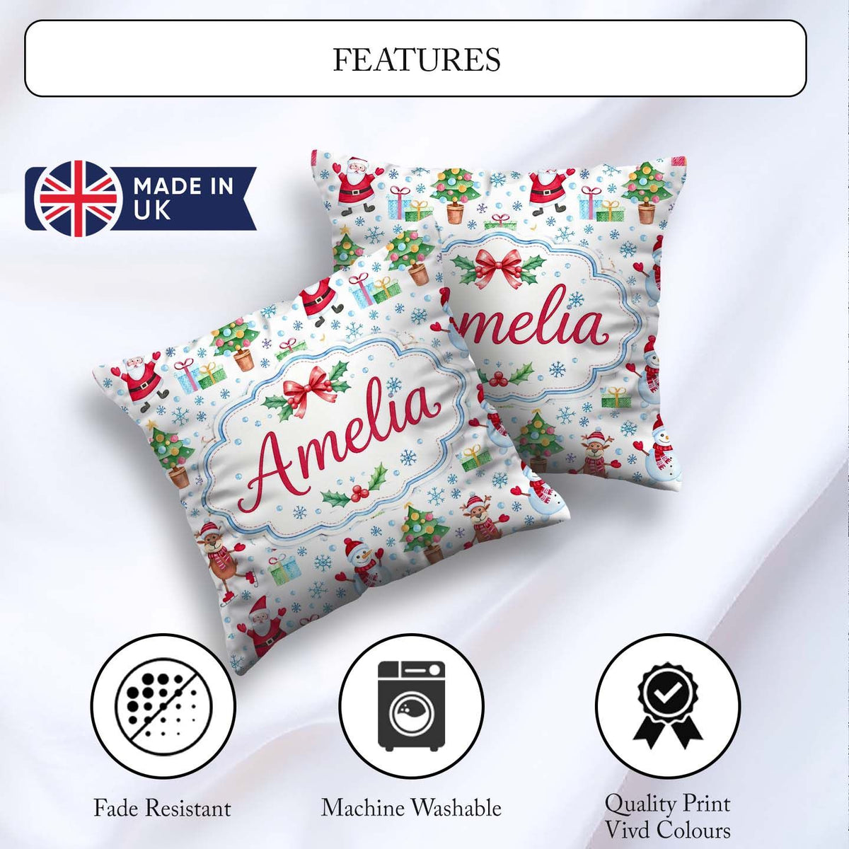 Custom Name Santa Reindeer Snowman Christmas Tree Gifts Seamless Square Filled Cushion Throw Pillow Sofa Bed Home Decor Zip Washable UK Made
