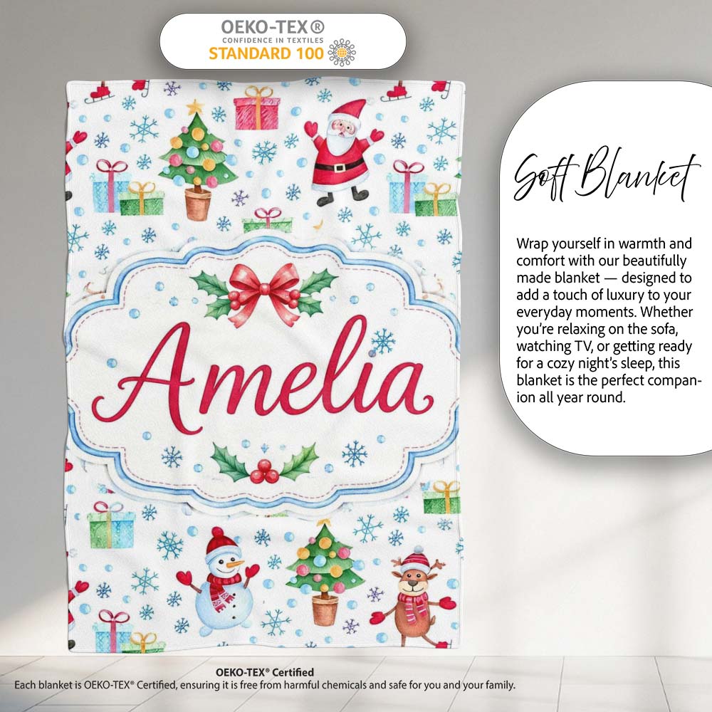 Santa Reindeer Snowman Christmas Tree Gifts Seamless Pattern Lovely  Personalised Custom Name Super Soft Fleece Blanket Bed Sofa Throw