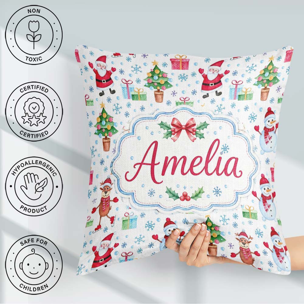 Custom Name Santa Reindeer Snowman Christmas Tree Gifts Seamless Square Filled Cushion Throw Pillow Sofa Bed Home Decor Zip Washable UK Made