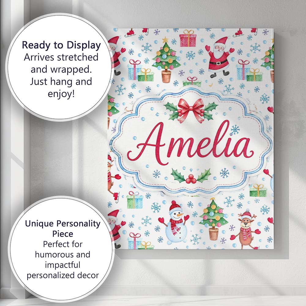 Personalised Name Santa Reindeer Snowman Custom  Unique Gift Idea Elegant Feature Canvas Wall Art Print Decor Picture Ready to Hang