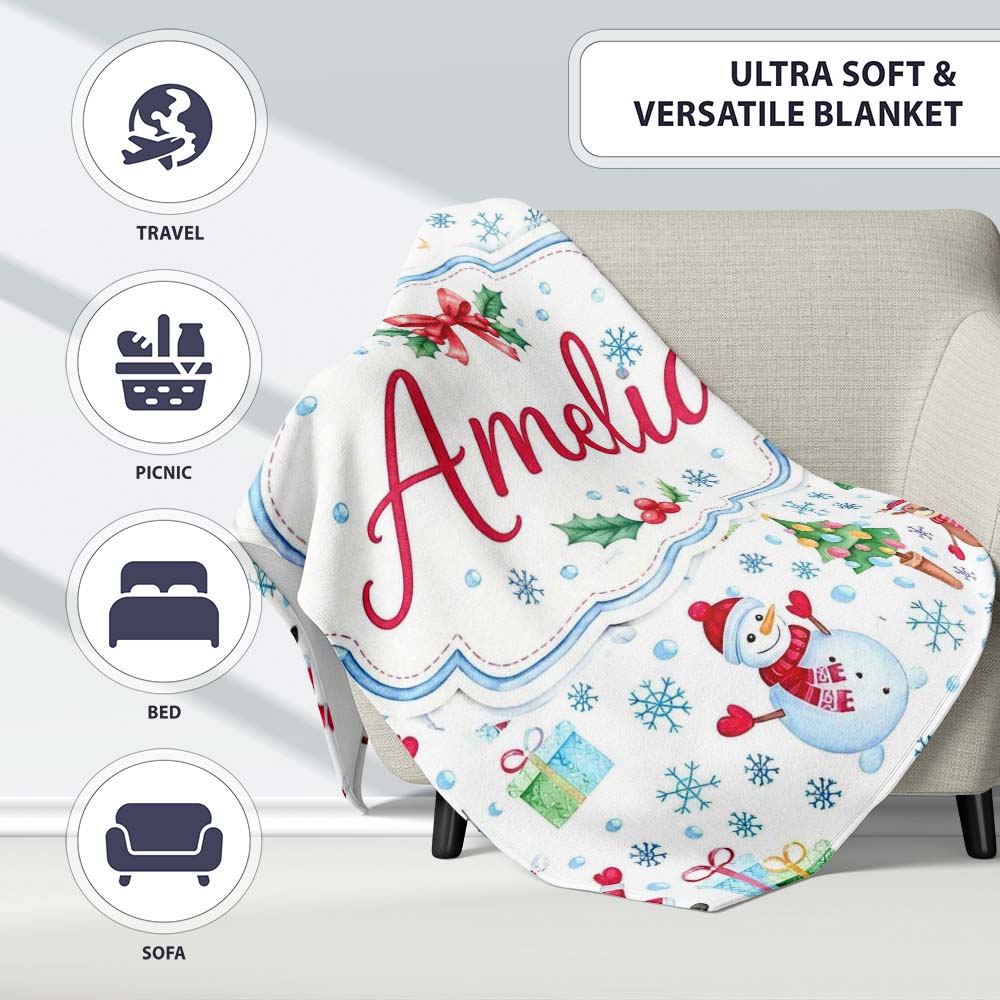 Santa Reindeer Snowman Christmas Tree Gifts Seamless Pattern Lovely  Personalised Custom Name Super Soft Fleece Blanket Bed Sofa Throw
