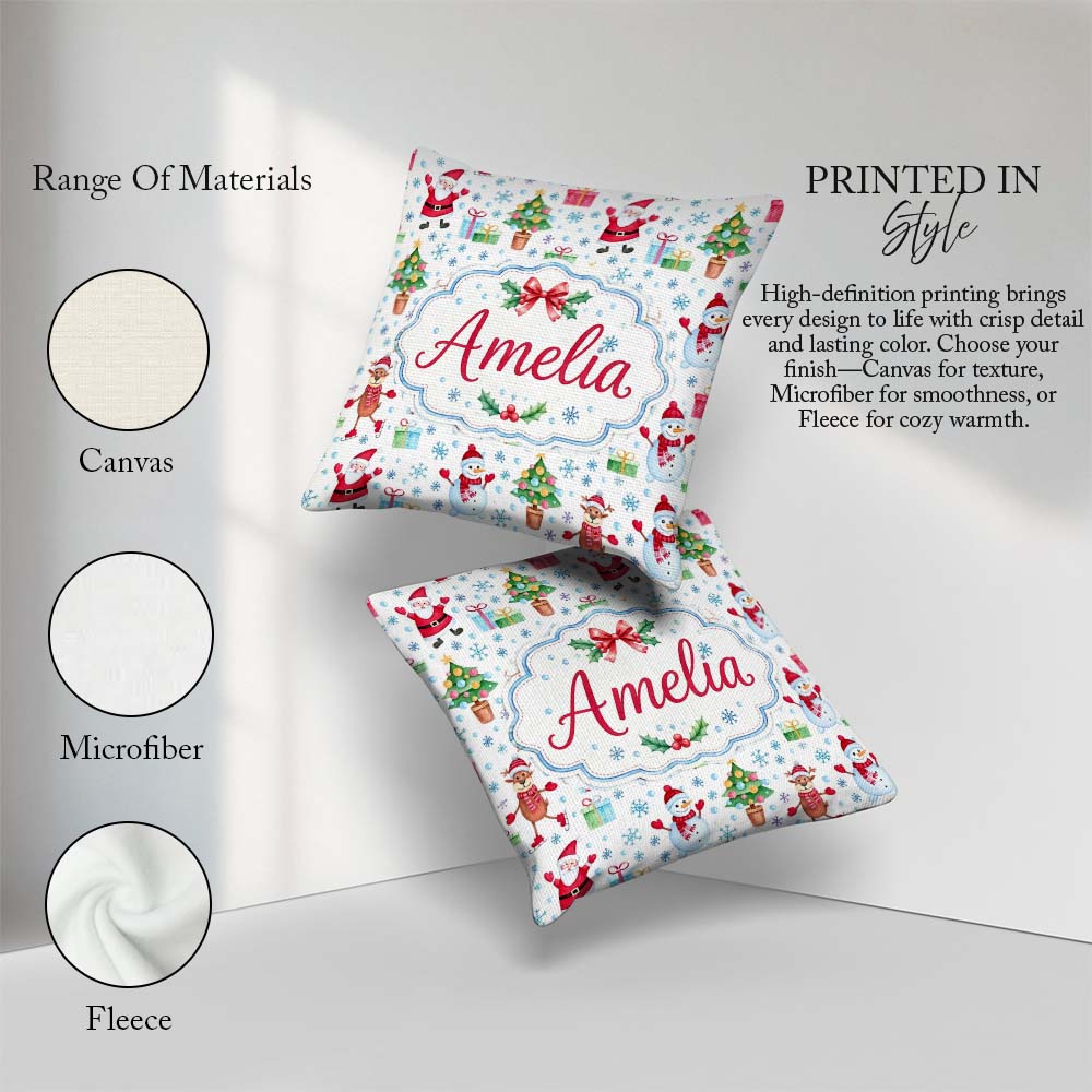 Custom Name Santa Reindeer Snowman Christmas Tree Gifts Seamless Square Filled Cushion Throw Pillow Sofa Bed Home Decor Zip Washable UK Made