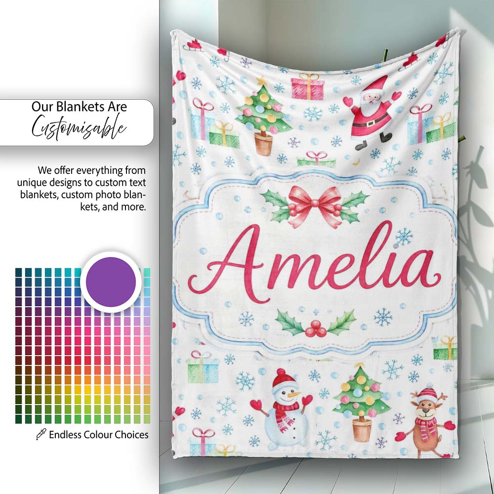 Santa Reindeer Snowman Christmas Tree Gifts Seamless Pattern Lovely  Personalised Custom Name Super Soft Fleece Blanket Bed Sofa Throw